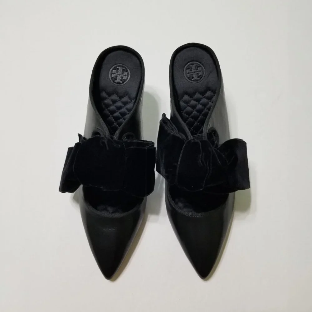NWOB Tory Burch Clara Leather Mule w. Velvet Bow, Pointed Toe, Perfect‎ Black